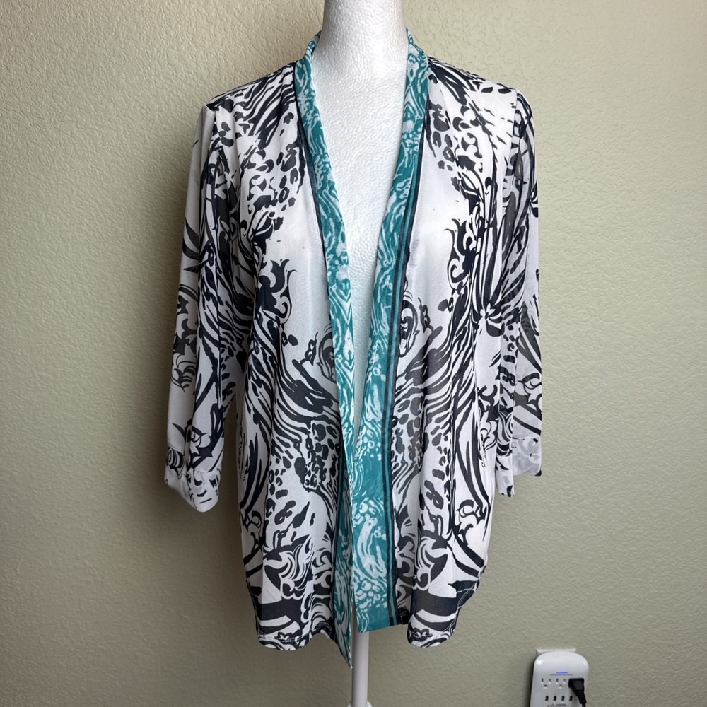 Chico's Easywear Cardigan Size S M Black White Geometric Sheer Open Front Wrap